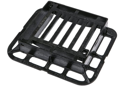 336x308x75mm End Hinged Ductile iron gully grate and frame used kerbside.