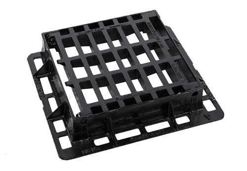 425x425x100mm End Hinged Ductile iron gully grate and frame with a D400 loading used in shopping precincts, delivery areas, highways, light industrial, kerbside.
