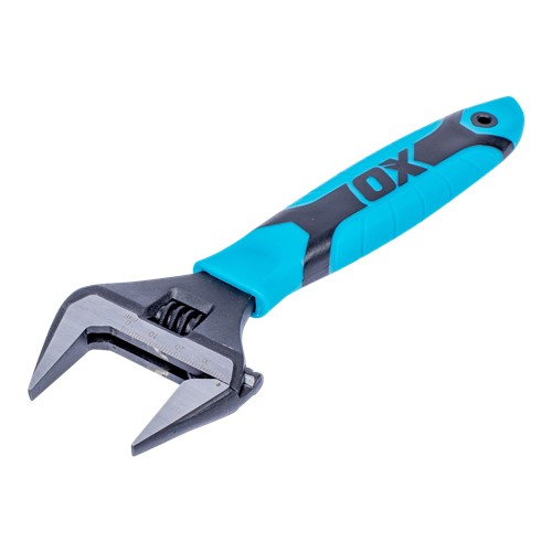The OX PRO Series Wrench has an adjustable jaw that can expand up to 38mm in width.  The head of The OX Pro Extra Wide Jaw Adjustable Wrench is slim, and the tips are pointed so that it can be used comfortably in narrow spaces as well. The jaw has a measurement scale engraved for precision.  The OX Pro Extra Wide Jaw Adjustable Wrench is precision hardened for extreme durability.  The wrench is fitted with DURA GRIP Soft Handle to give you an anti-slip grip - giving you better control.  The adjustable jaw with a slim head and measurement scale makes the OX PRO Series Wrench suitable for plumbing sanitaryware, wash basins, tube nut disassembly, gas industry work, etc.
