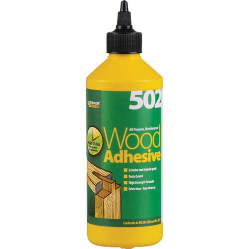 High bond strength, high water-resistance – it’s easy to see why this Everbuild 502 wood glue is such a popular choice for all wood bonding jobs. It’s perfect for all general woodworking, wooden furniture and joinery uses including furniture assembly and household DIY use.
This general purpose wood adhesive has a fast cure and sets in just 10 minutes. Its quick drying time and clear finish combines with a high weather resistance and excellent rate of bond strength to make it the ideal choice for outdoor use as well as indoors.