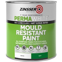 Zinsser mould-resistant paint excels in areas of persistent high humidity, frequent temperature changes or poor air circulation. It contains a biocide that protects the dried coating against fungal degradation – the paint’s film is designed to resist cracking, peeling and blistering for up to seven years before first maintenance.
This matt white anti-mould paint is recommended for those rooms where a low sheen finish is preferred, such as kitchens or finished basements.