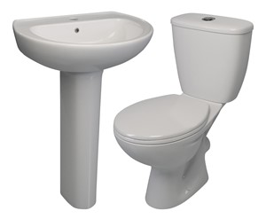 Pack includes:
573x460mm 1TH Basin &amp; Full Pedestal
Close Coupled WC &amp; Soft Close Seat
Ceramics Lifetime guarantee