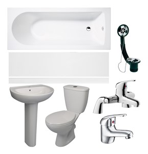 Pack includes:
573x460mm 1TH Basin &amp; Full Pedestal
Close Coupled WC &amp; Soft Close Seat
Basin Mixer - Chrome
Single End 1700x700x400mm 0TH Bath w/Legs
Bath Filler - Chrome
1700mm Front Panel - White