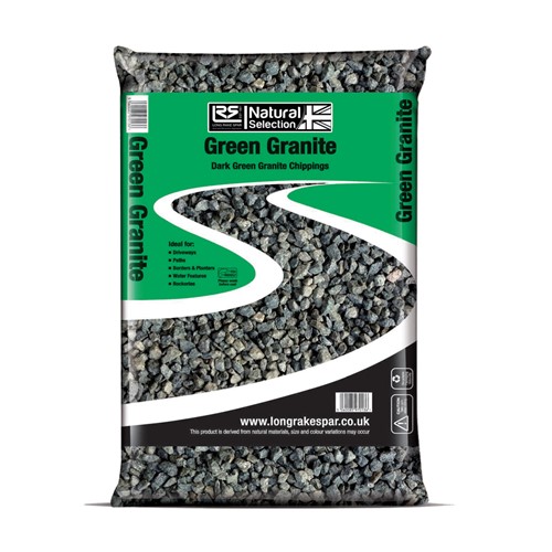 This hardworking, attractive Green Granite Chippings / Gravel can be used for a variety of jobs.  It ideally suited for driveways, access routes and paths.  The chippings can also be used as a decorative product for borders and pot toppings.  This chipping is also suitable for aquariums and ponds.  This low-maintenance and natural product will lighten up any gardening or landscaping feature. The chippings will reflect a hot sun keeping the soils moist and cool improving plant growth.  The stone chippings will also inhibit weed and moss growth.  The chippings also have a good angular shape so once positioned it is likely to key together and remain in place.