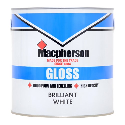 Macpherson Gloss is a solvent-based, high VOC content gloss finish, suitable for interior and exterior use.

Using superior quality alkyd resins, the finish stays fresher for longer. It provides a tough, durable high sheen finish for wood and metal, providing a washable surface with good resistance to knocking and scuffing. 

It can be applied over most previously painted surfaces without an undercoat. On new surfaces apply over the top of a suitable primer and undercoat.

Application is recommended by bristle brush with coverage up to 15sq/m per litre. Touch dry in 4-6 hours and recoatable in 16 hours. 2 coats are recommended.