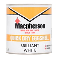 Macpherson Quick Dry Eggshell is a low VOC content eggshell finish which is suitable for interior use.

Being a water-based eggshell it is a tough, durable mid-sheen finish for interior plaster and wood. With a highly scrubbable finish, it is an ideal product for high-traffic areas such as hallways, kitchens and bathrooms. It can be applied over most previously painted surfaces without an undercoat.

On new plaster surfaces, thin the first coat with water to the manufacturer's recommendation. On new wooden surfaces apply over the top of a suitable primer.

Application is recommended by brush, roller or airless spray with coverage up to 15sq/m per litre. Touch dry in 1-2 hours and recoatable in 4 hours. 2 coats are recommended.