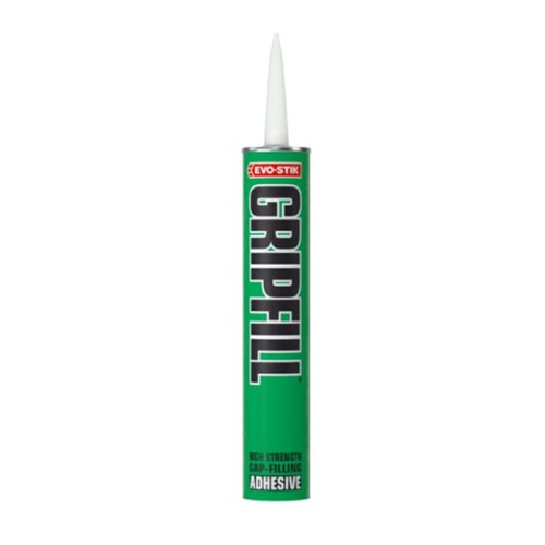 EVO-STIK GRIPFILL™ grab adhesive is a multipurpose, high-strength, solvent-based gap-filling adhesive, suitable for interior and exterior use (provided the bond is covered).

GRIPFILL™ sticks to almost any building material with an unbeatable final bond strength, and is ideal for use on even surfaces thanks to its gap-filling qualities. 

Suitable materials: Wood, plasterboard, tiles, stone, metal, breeze blocks, bricks, ceramic, concrete, UPVC and more.

Sizes: 350ml.

Coverage: Approx. 12m of a 6mm diameter bead per 350ml.