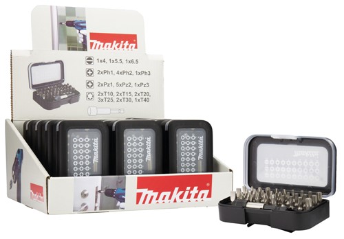 12 setsCounter display (12 sets) of 31 pcs screwbit set.Screw bit set for drivers. The set 30 contains screw bits with length of 25mm (2 x PH1, 4 x PH2, PH3, 2 x PZ1, 5 x PZ2, PZ3, SL4, SL5.5, SL6.5, 2 x T10, 2 x T15, 2 x T20, 3 x T25, 2 x T30, T40) and 1 sleeve chuck bit holder. Total of 31 pieces in a plastic case. Pack of 12 sets