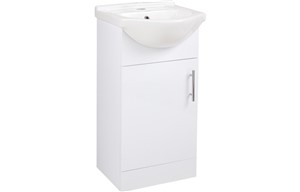 Includes Floor Standing White Basin Unit
Dimensions: H 855 x W 450 x D 370mm
Includes ceramic 1TH basin
Supplied fully assembled, door can only be opened to the left
Standard soft close fittings
MFC 16mm doors & cabinets with a lacquered finish
Handles included, but delivered unattached, pilot holes pre-drilled
Please note: 450mm unit cannot be joined together side by side with the Vista WC unit as it is a slimmer depth
Handle centre hole position 96mm
5 Year Guarantee