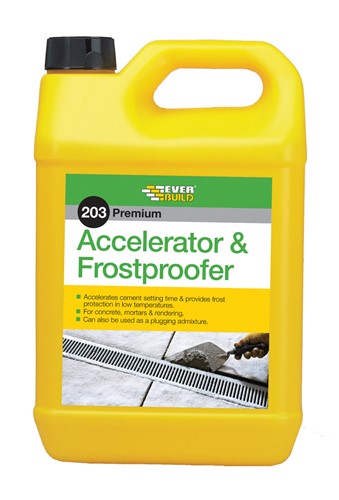 5ltr Accelerator &amp; Frostproofer is a liquid additive formulated to accelerate setting and hardening times of mortar, concretes, screeds and rendering to provide frost protection during the setting period. Effective even in sub-zero temperatures and can also be used in normal temperatures where a rapid set is required and as a plugging admixture.
