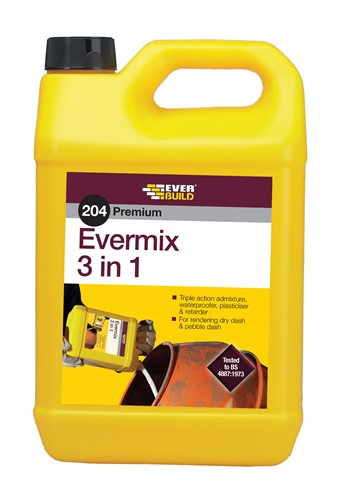 5ltr Evermix 3 in 1 triple action admixture waterproofs, plasticises and retards to assist workability, reduce water penetration and allow larger areas to be covered in one application. Evermix 3 in 1 is particularly formulated for use in renders, dry dash and pebble-dashing, however it can also be used in any cement mixture where waterproofing and increased workability are required in conjunction with retarded setting.