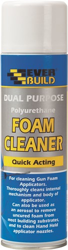 Dual Purpose Foam Cleaner is used to remove wet/uncured foam. Attaches to Gun Foam Applicator for purging through; also includes spray nozzle for use without applicator to remove wet foam from outside of the gun and from most building substrates.