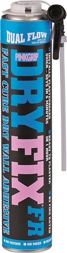 Pinkgrip Dryfix FR is a revolutionary type of fast-curing adhesive foam that has been specially developed for the rapid installation of plasterboard, insulation boards and other sheet materials such as roof decking and floorboards.