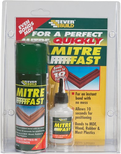 Mitre Fast Bonding Kit is a two-part instant adhesive system comprising a cyanoacrylate adhesive and aerosol activator.