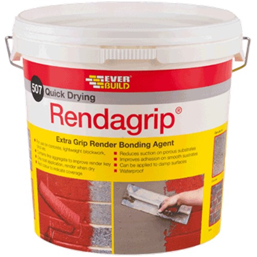 Everbuild 507 Rendagrip is an extra grip render bonding agent that contains a fine aggregate to provide an improved key before applying render on external surfaces such as concrete, lightweight blockwork, brick etc. The fine aggregates are suspended in a unique waterproof polymer to ensure easy application by roller or brush and an even spread of aggregate avoiding any weak spots in the key coat and preventing the aggregate particles coming loose during application.