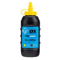 The OX-P025703 OX Pro Chalk Refill Yellow 226g is a professional-grade chalk powder designed for high-visibility line marking. The fine particle formula ensures sharp, precise, and long-lasting marks on a variety of surfaces. The bright yellow colour stands out clearly, making it especially useful for low-light or high-contrast conditions. Supplied in a 226g easy-fill bottle, it provides quick and clean refills for OX Trade and Pro chalk line reels.