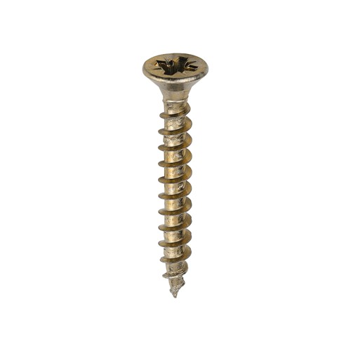 A single thread woodscrew mainly used in various types of timber and man-made boards or into masonry with the use of a plastic plug.

• Double countersunk reduces the likelihood of head shear and assists completion of countersinking
• Wax lubricated to enhance screw insertion time, extra driving torque and resistance to corrosion
• 40&#176; deep single thread to provide a secure fixing with high pull-out resistance
• 25&#176; sharp point and single lead for a fast start and improved thread acceptance
• All sizes up to and including 75mm are fully threaded and lengths 80mm and above all have 70mm thread length