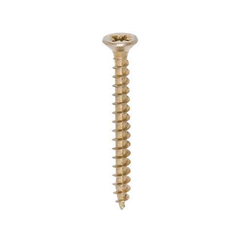 A single thread woodscrew mainly used in various types of timber and man-made boards or into masonry with the use of a plastic plug.

• Double countersunk reduces the likelihood of head shear and assists completion of countersinking
• Wax lubricated to enhance screw insertion time, extra driving torque and resistance to corrosion
• 40&#176; deep single thread to provide a secure fixing with high pull-out resistance
• 25&#176; sharp point and single lead for a fast start and improved thread acceptance
• All sizes up to and including 75mm are fully threaded and lengths 80mm and above all have 70mm thread length