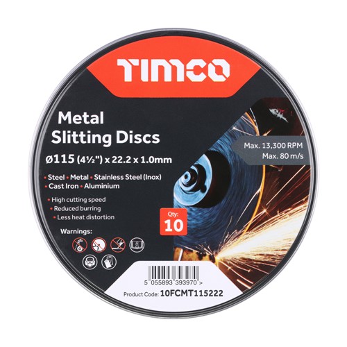 A tin of 10 115mm bonded abrasive discs. Used for cutting slits into various types of metals, including stainless steel / inox.

• Manufactured to European standard EN 12413
• Reduced burring
• Less heat distortion
• High cutting speed