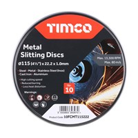 A tin of 10 115mm bonded abrasive discs. Used for cutting slits into various types of metals, including stainless steel / inox.

• Manufactured to European standard EN 12413
• Reduced burring
• Less heat distortion
• High cutting speed